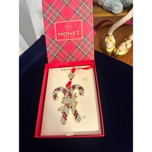 Monet 2023 Rhinestone Candy Cane Christmas Ornament Red/Silver Hanging 3in
